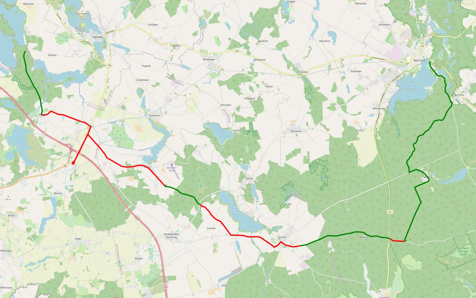 Mapa trasy Otanów - Barlinek PsiapsiNieZaśnie 2023 - 33.9 km trasy offroad, Powiat Myśliborski