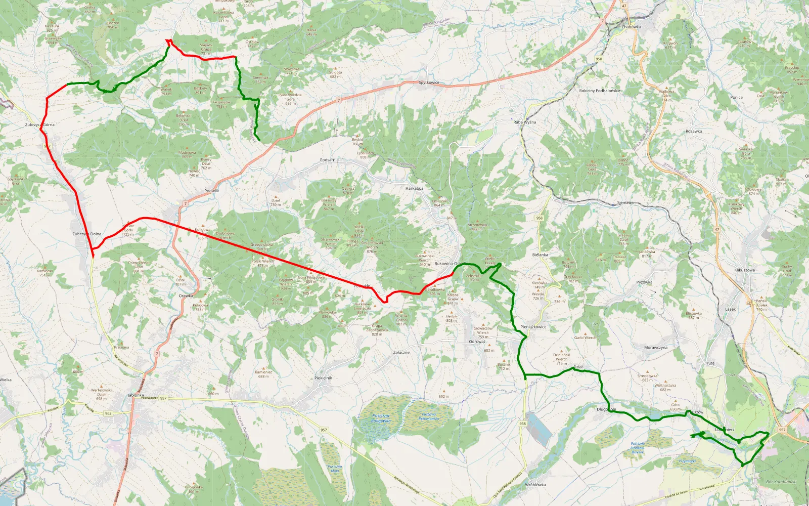 Mapa trasy Podwilk - Krauszów 37 cali - 38.2 km trasy offroad, Powiat Nowotarski