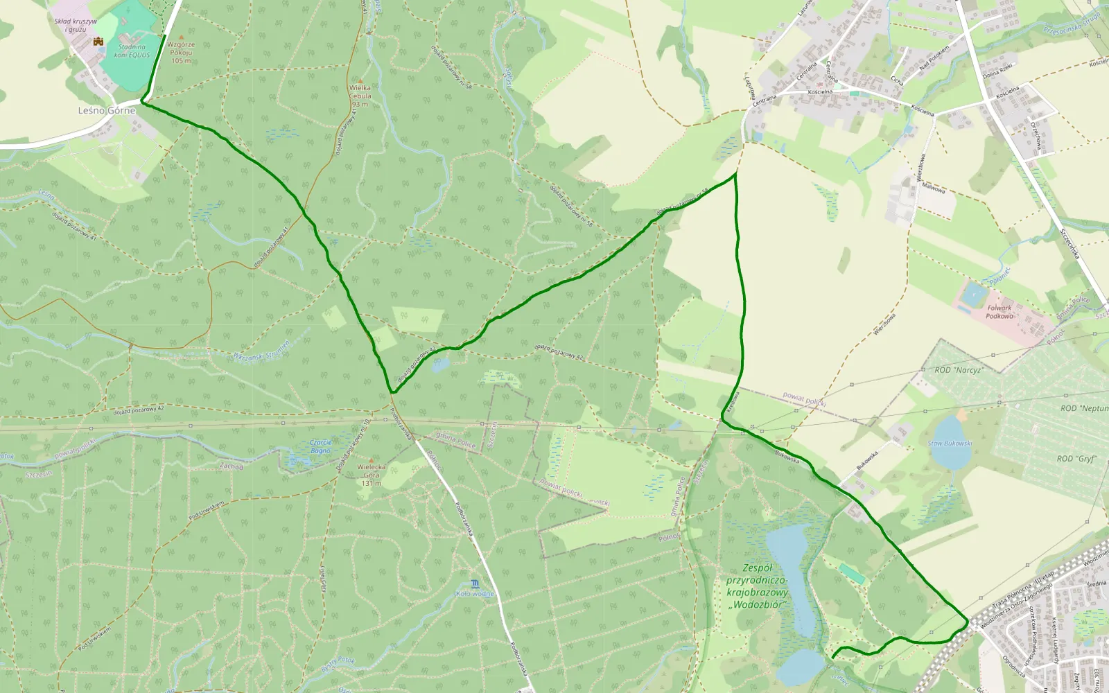 Mapa trasy Leśno Górne - Wysoki Staw - 6.5 km trasy offroad, Powiat Policki