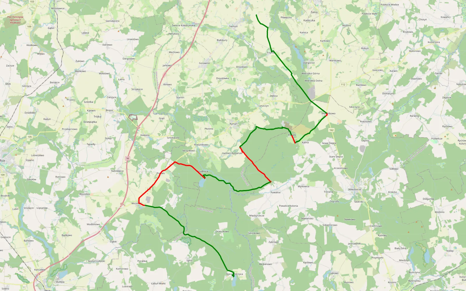 Map of Unieradz - Berkanowo - 52.2 km offroad trail, Colberg County