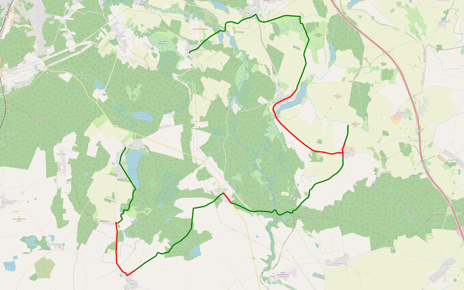 Map of Steklno pętla - 21.9 km offroad trail, Gryfino County