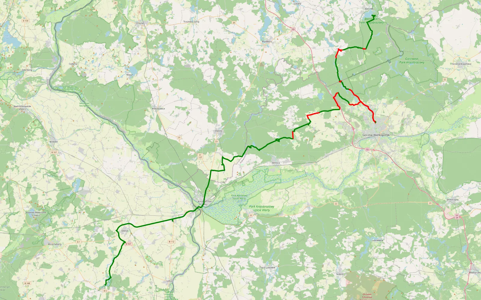 Map of Krzynka - Falkenhagen - 95.7 km offroad trail, Gorzów County