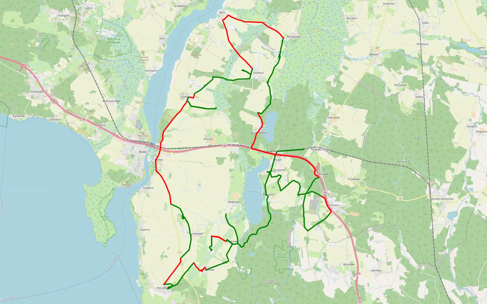 Mapa trasy Troszyn - 65 km trasy offroad, Powiat Kamieński