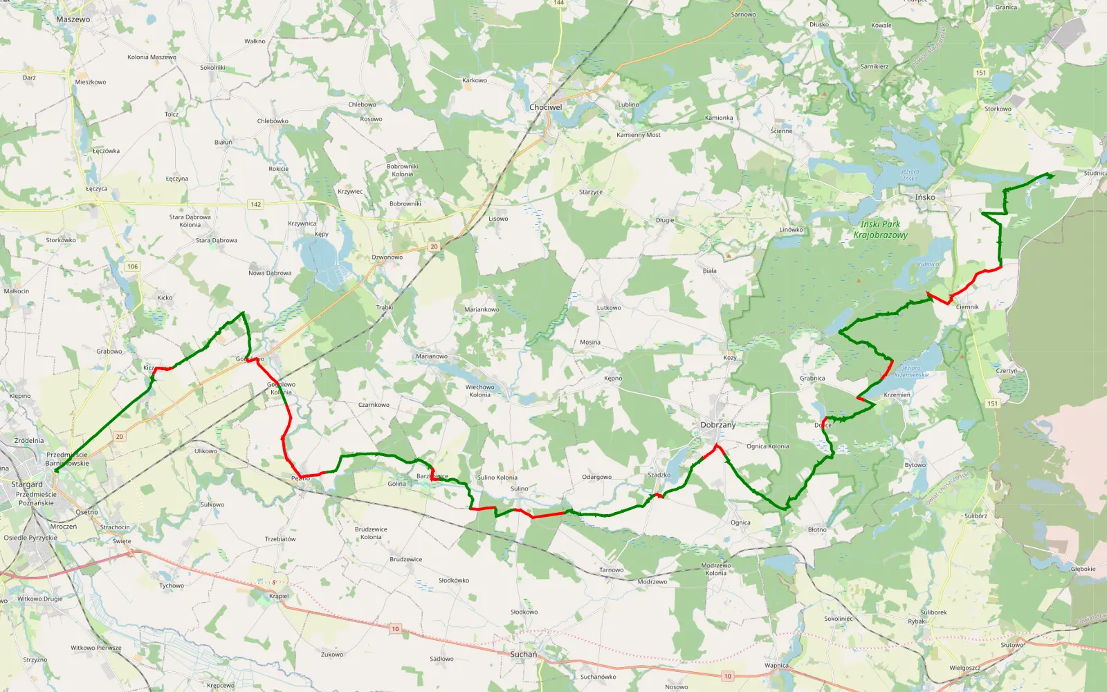 Map of Stargard - Studnica - 71.5 km offroad trail, Stargard County