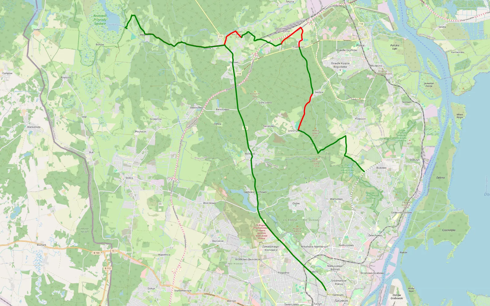 Mapa trasy Bukowo - Centrum - 25.8 km trasy offroad, Powiat Policki