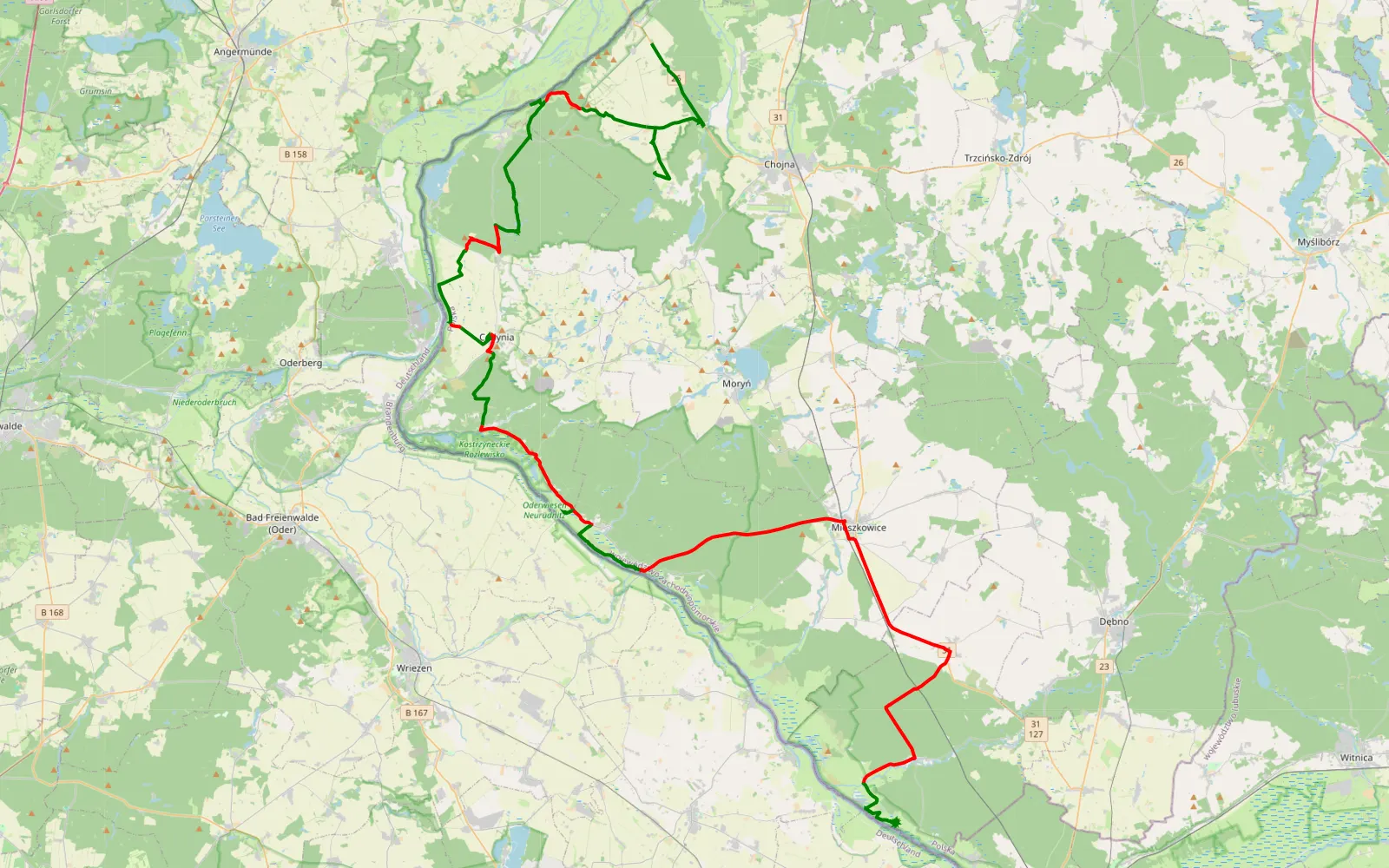 Mapa trasy Ab Schwedt an der Oder lang - 93 km trasy offroad, Powiat Gryfiński