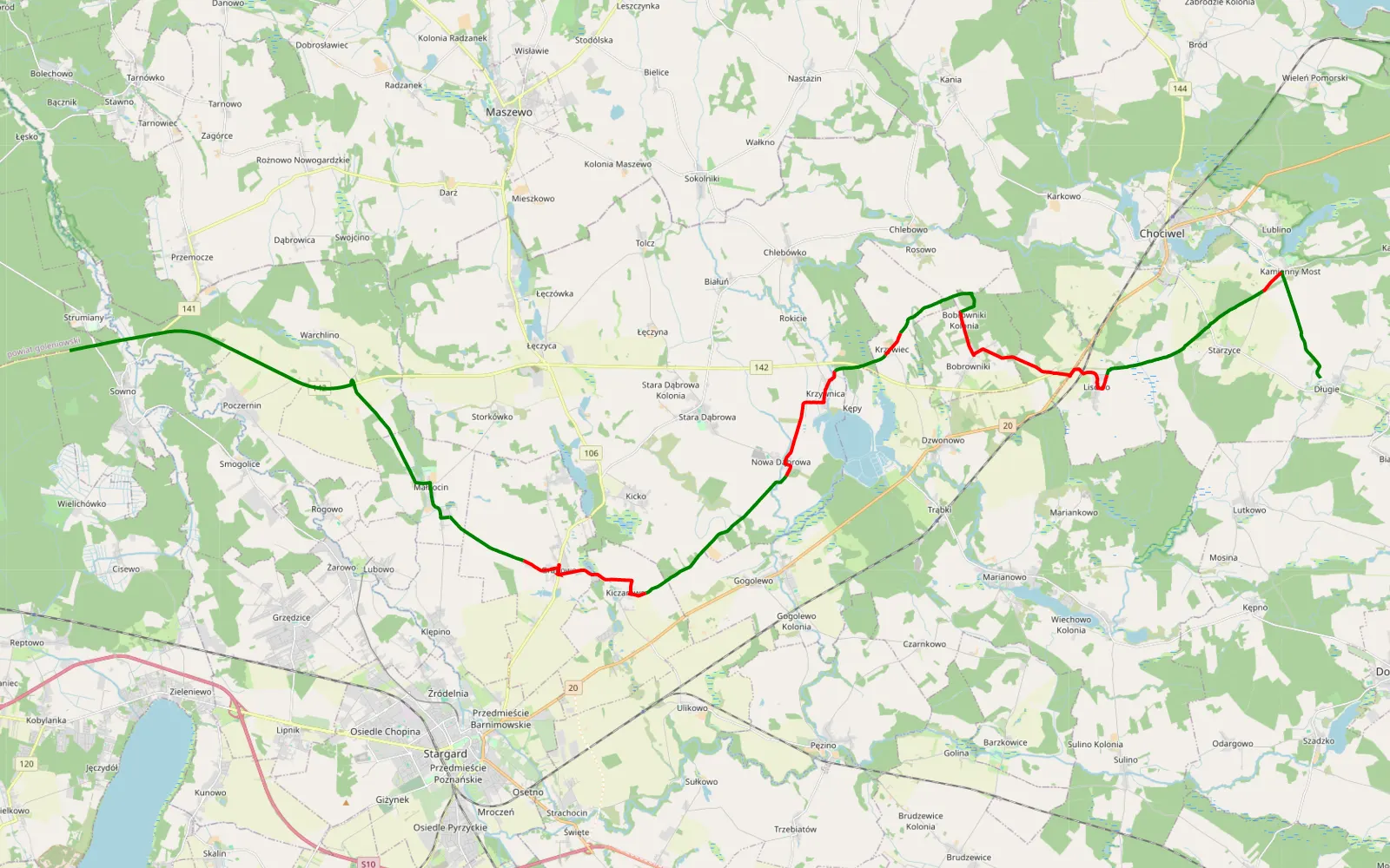 Map of Długie - Strumiany - 36 km offroad trail, Stargard County