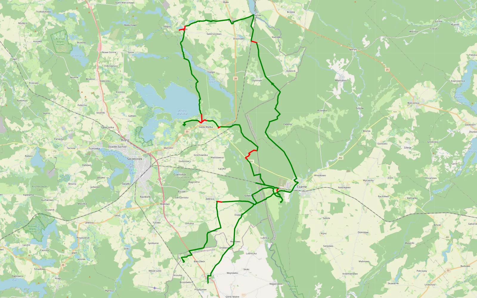 Map of Wilcze Laski - Lotyń - 79.1 km offroad trail, Szczecinek County