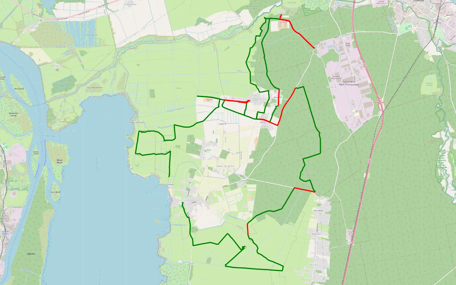 Mapa trasy WOŚP Lubczyna 2023 - 45.6 km trasy offroad, Powiat Goleniowski