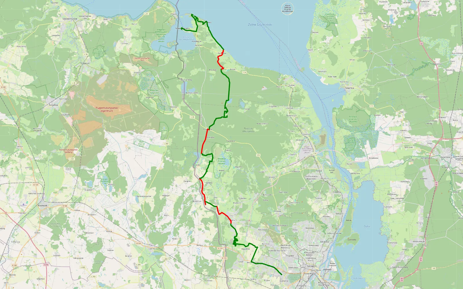 Map of Gumieńce - Nowe Warpno - 50.7 km offroad trail, Police County