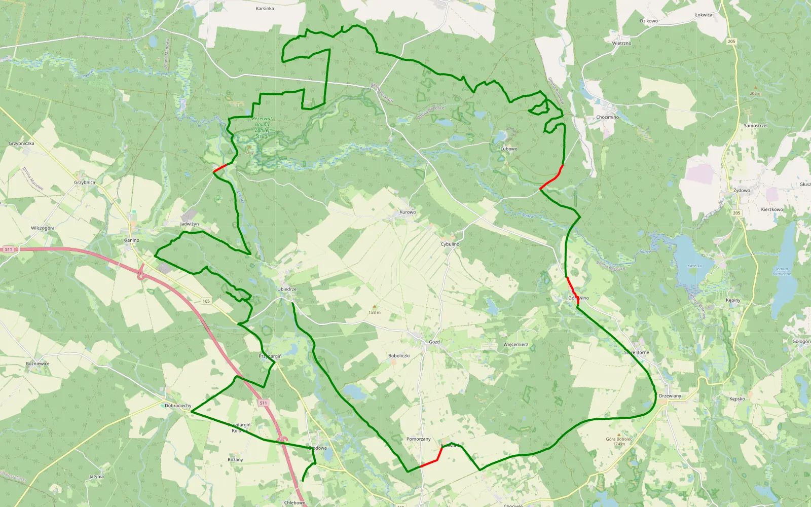 Mapa trasy Bobolice - Ubiedrze - 56.5 km trasy offroad, Powiat Koszaliński