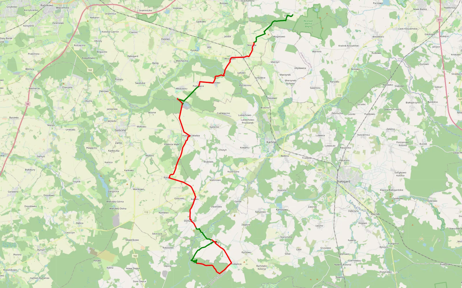 Mapa trasy Rarwino - Strzepowo - 48 km trasy offroad, Powiat Białogardzki