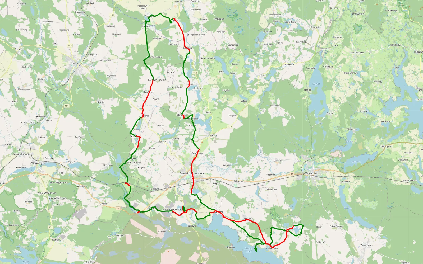 Mapa trasy Więcław - 102.2 km trasy offroad, Powiat Drawski