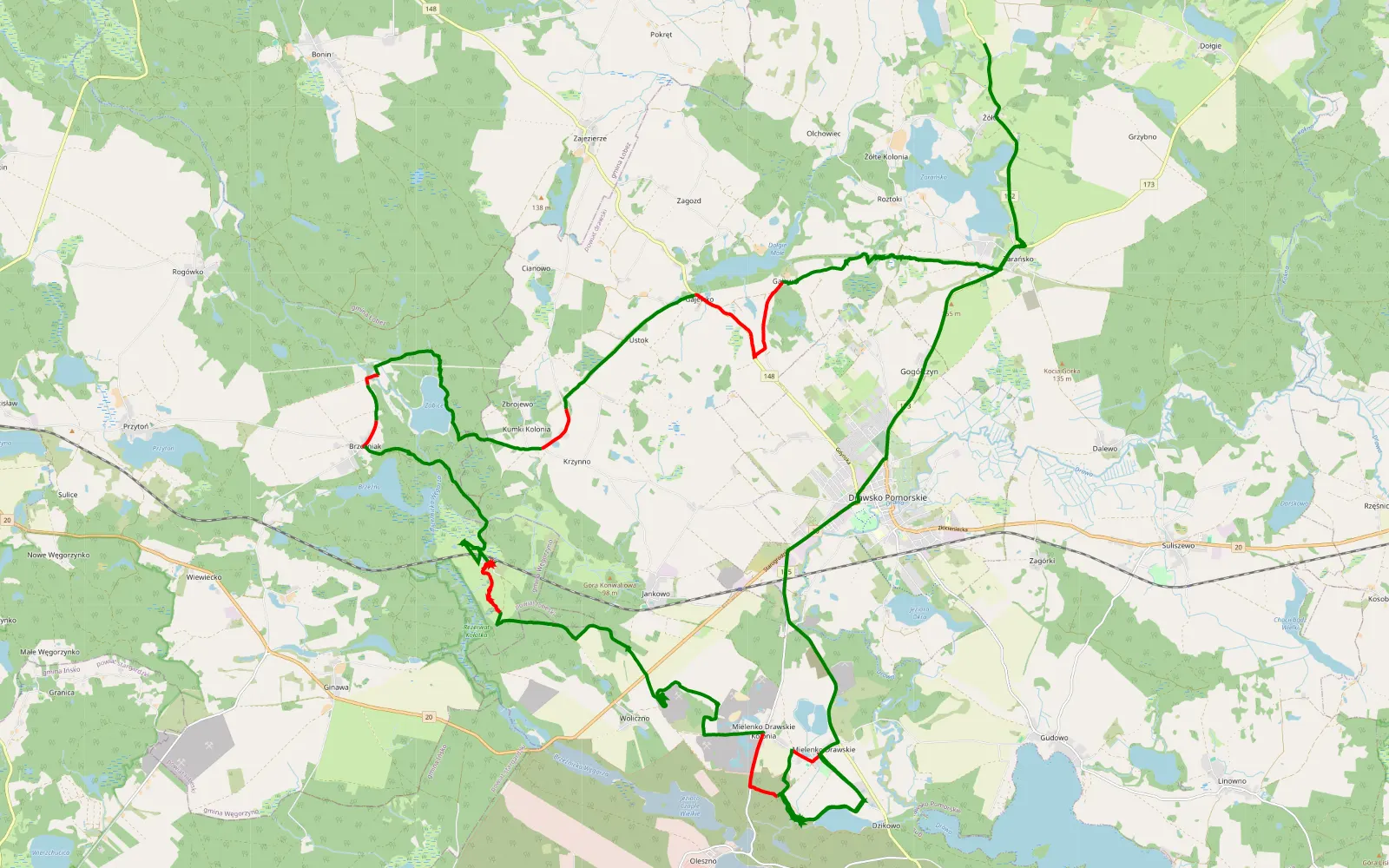 Mapa trasy Zarańsko - Zagórki - 45.7 km trasy offroad, Powiat Drawski