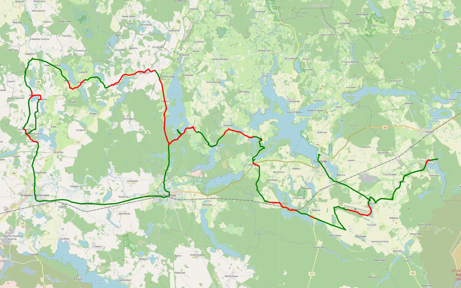 Map of Cieszyno - Czaplinek - 104.5 km offroad trail, Drawsko County