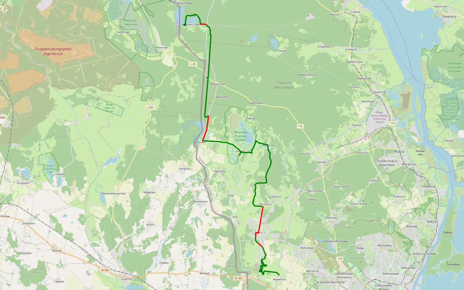 Map of Bezrzecze - 35.8 km offroad trail, Police County
