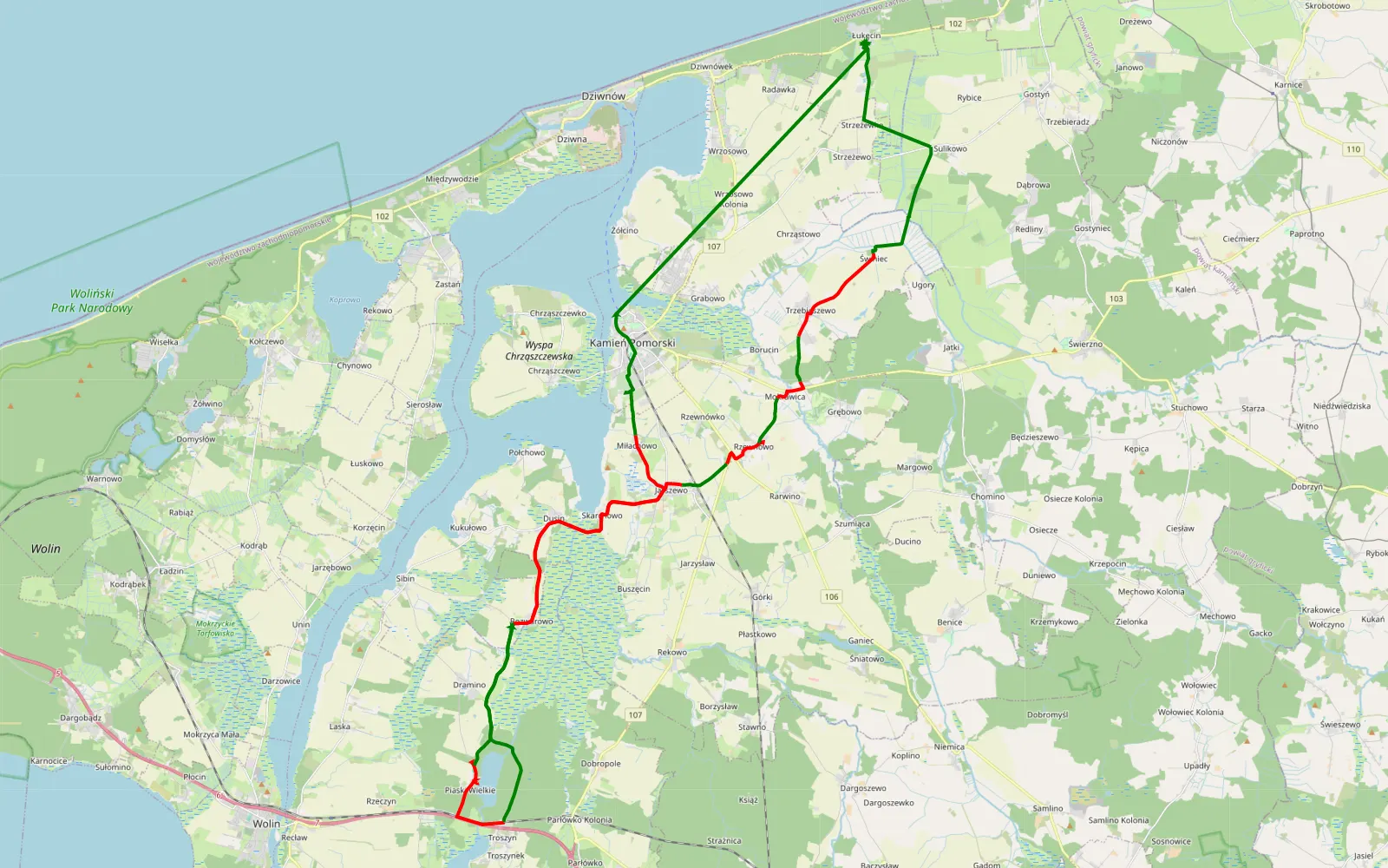 Mapa trasy Okolice Kamienia Pom. 2021-07-24 - 47.2 km trasy offroad, Powiat Kamieński