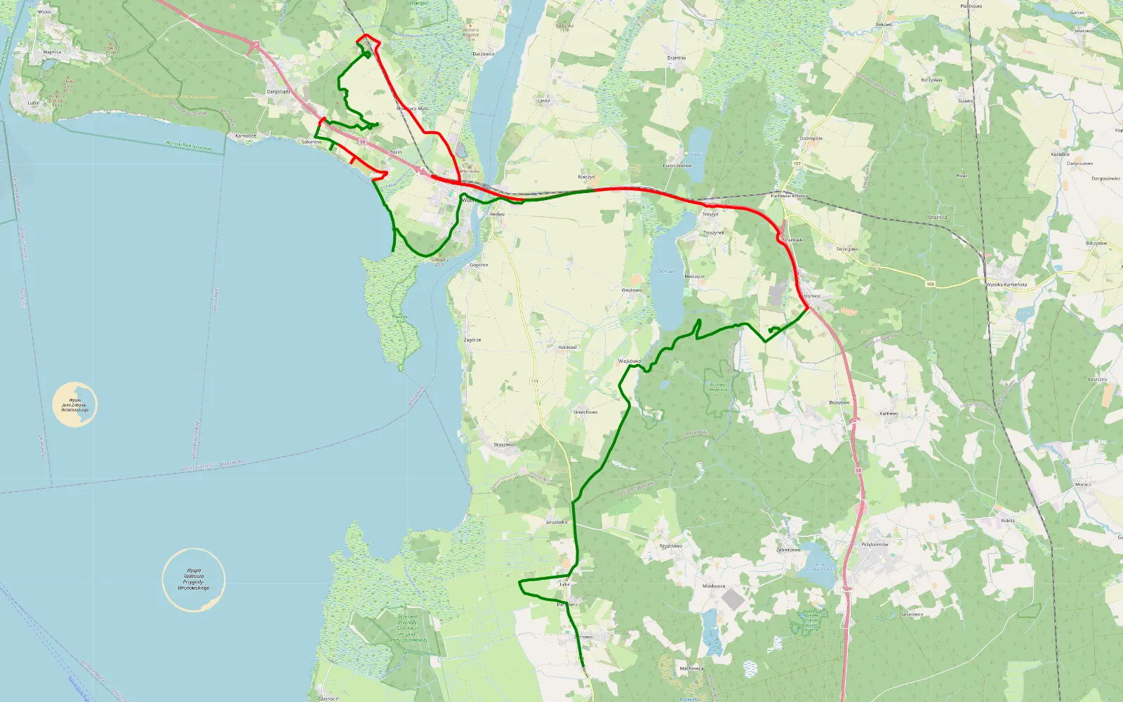 Mapa trasy Żarnowo - Piaski Wielkie - 45.2 km trasy offroad, Powiat Kamieński