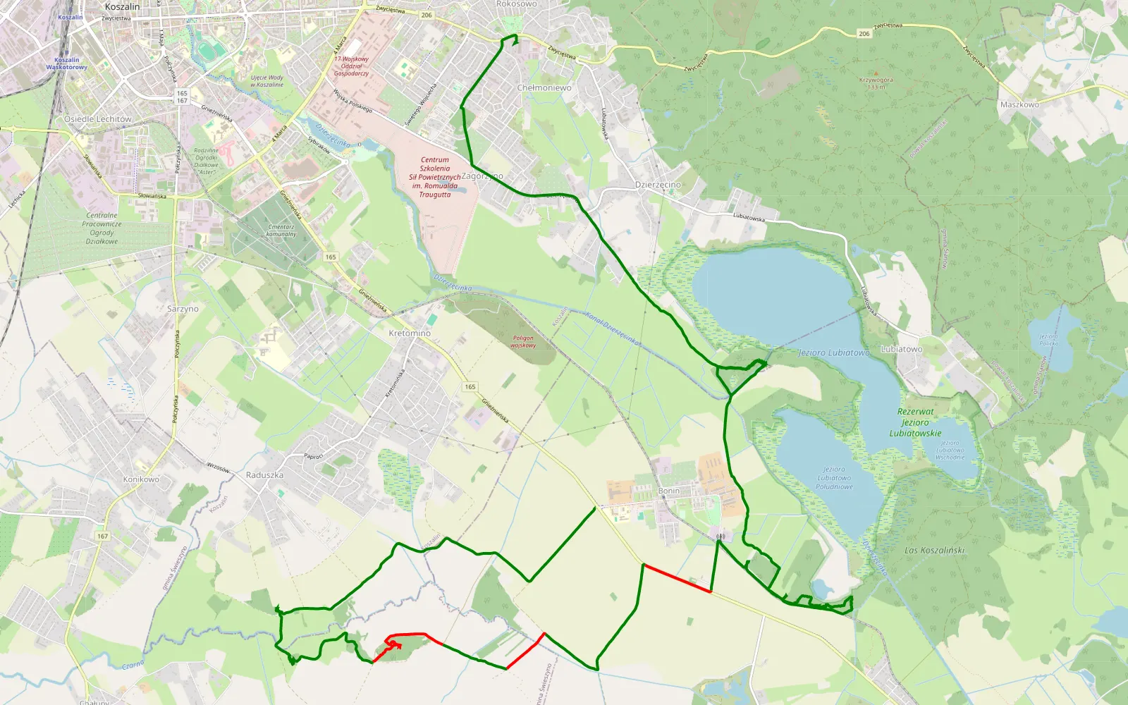 Mapa trasy Bonin - Dzierżęcino - 18.4 km trasy offroad, Powiat Koszaliński