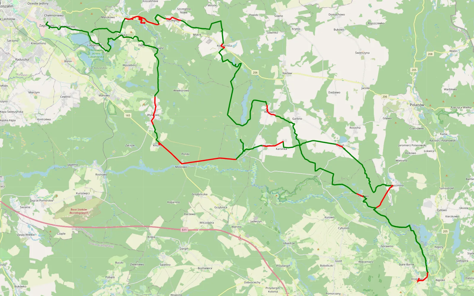 Mapa trasy Lubiatowo - Dzierżęcino - 111.5 km trasy offroad, Powiat Koszaliński