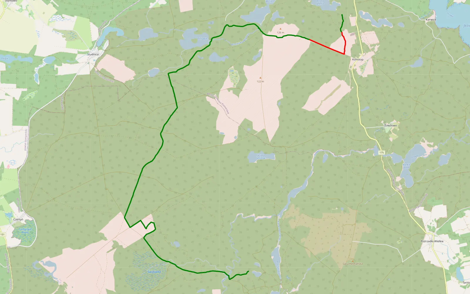 Mapa trasy Prostynia - Konotop - 27.9 km trasy offroad, Powiat Drawski