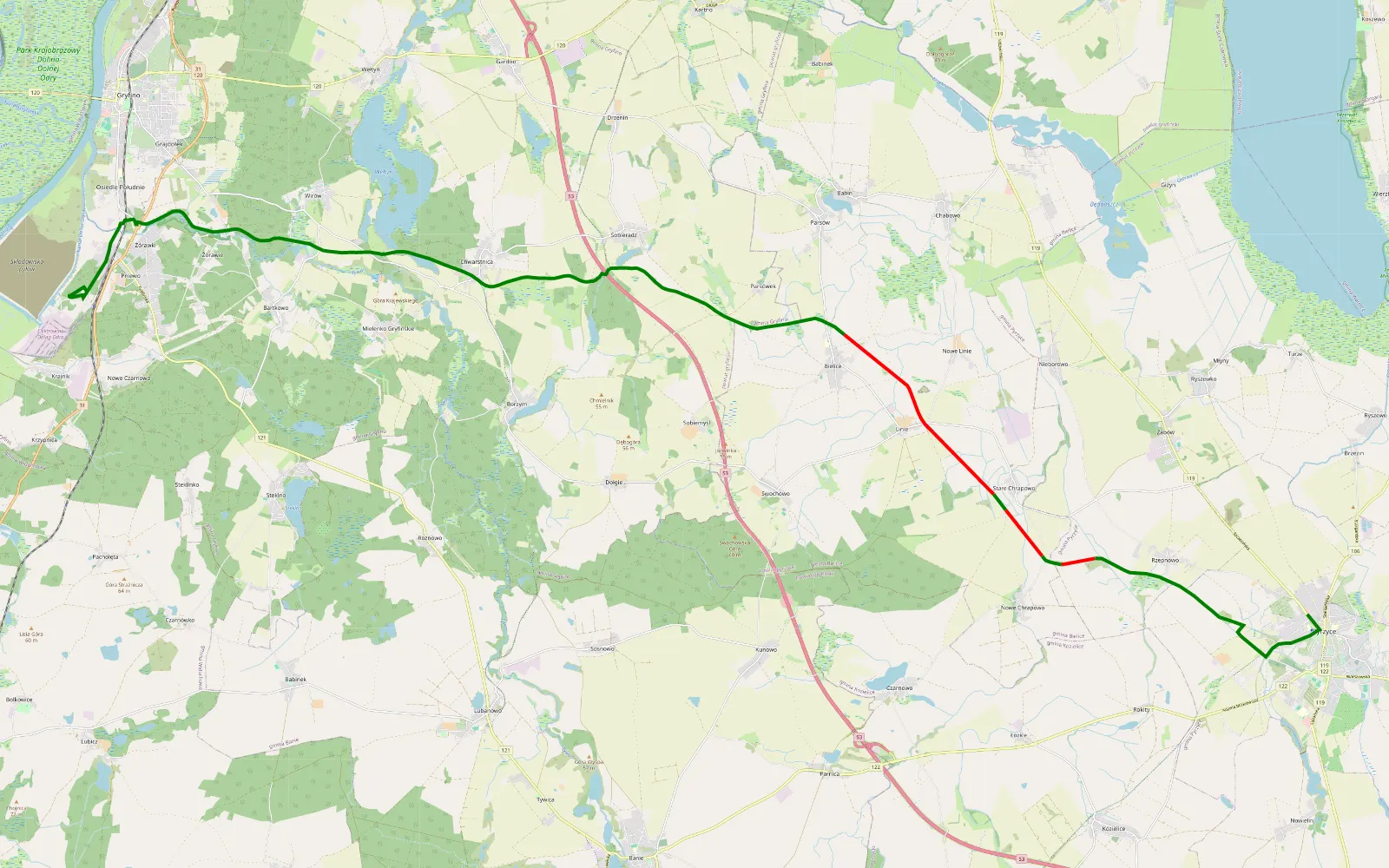 Map of krzywy las pyrzyce 35km - 17.7 km offroad trail, Pyrzyce County