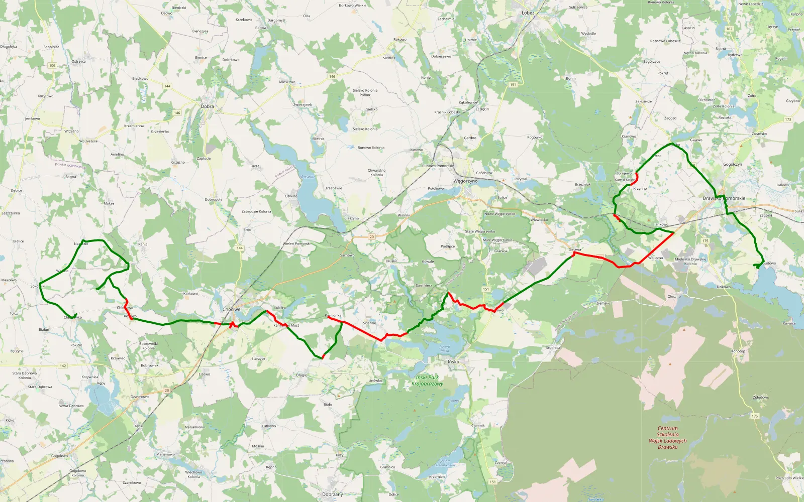 Map of Gudowo to Chlebowko - 66.1 km offroad trail, Stargard County