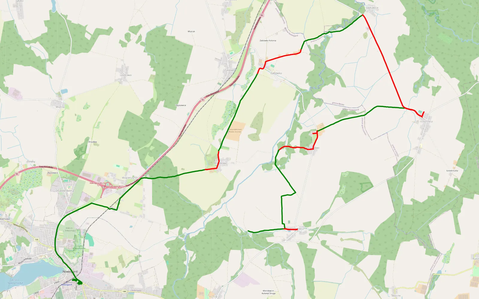 Mapa trasy Jarchlino - Nowogard - 23 km trasy offroad, Powiat Goleniowski