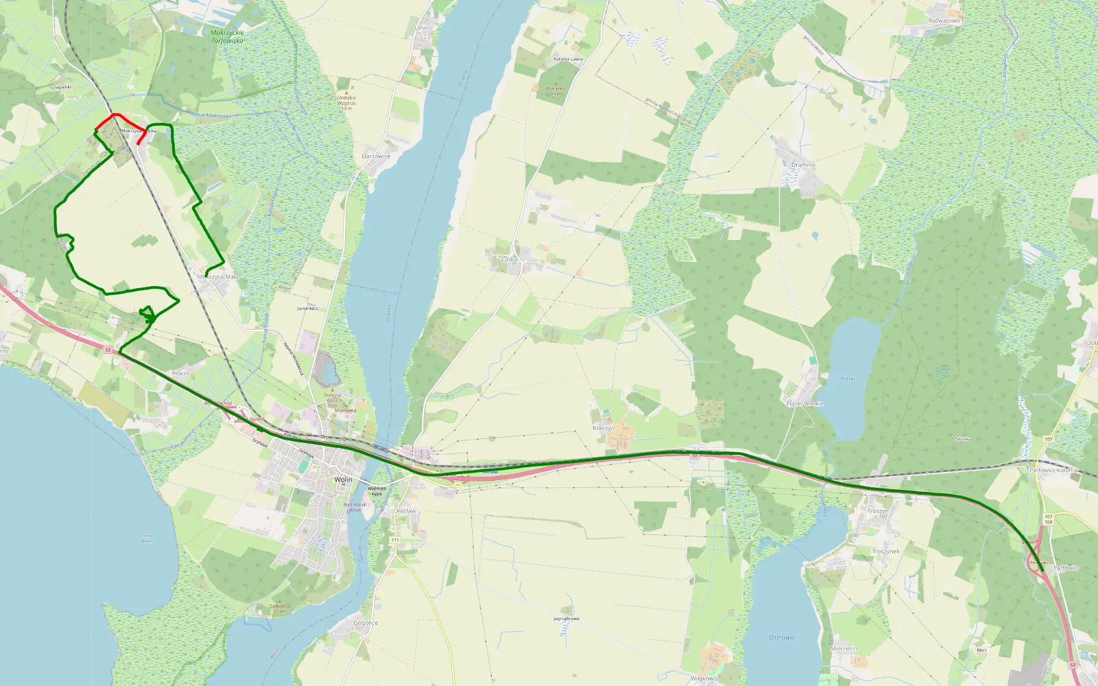 Mapa trasy Ostromice - Płocin - 9.7 km trasy offroad, Powiat Kamieński