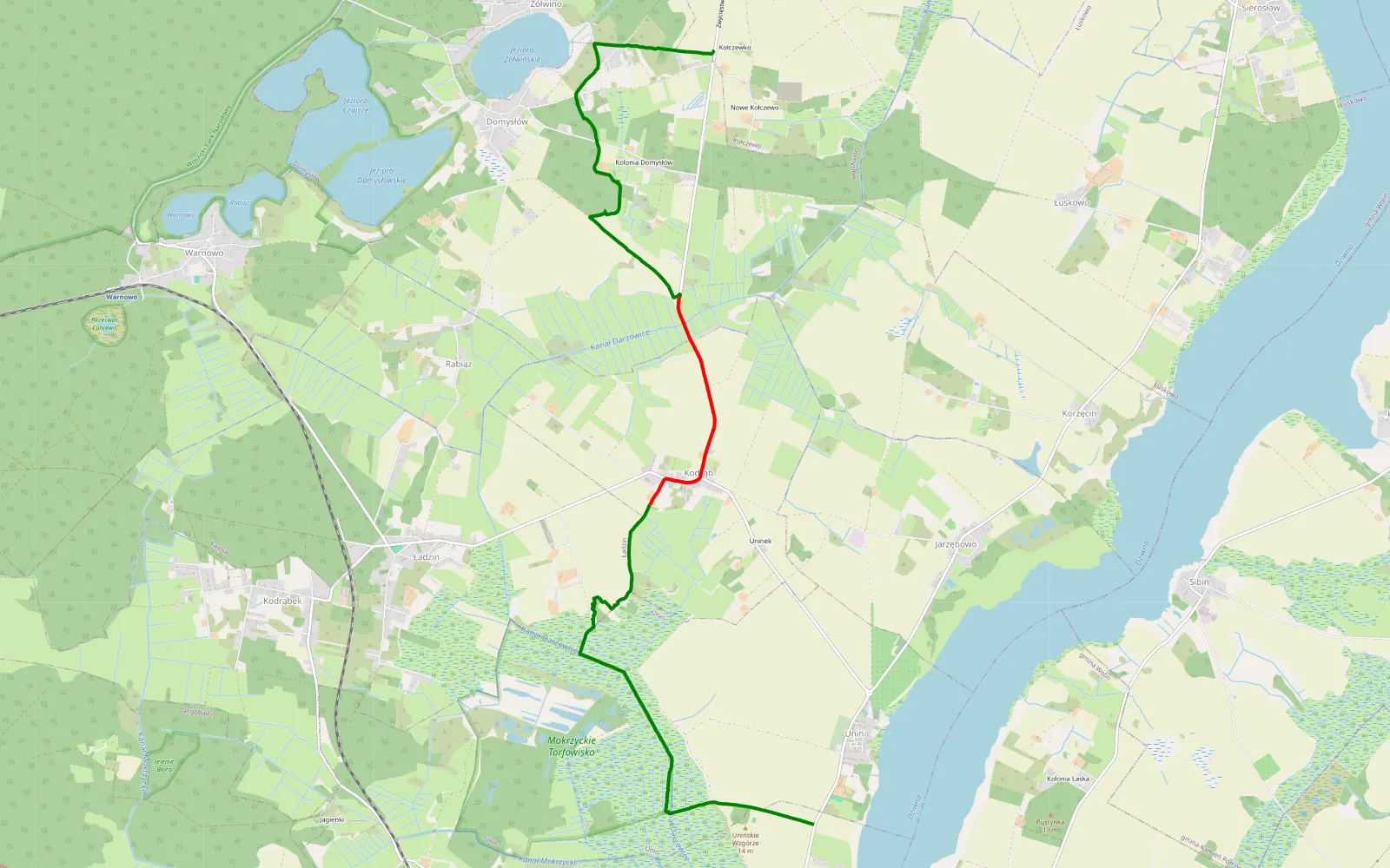 Mapa trasy Kołczewo - Unin - 11.2 km trasy offroad, Powiat Kamieński
