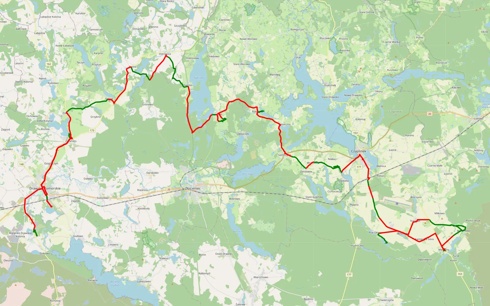 Mapa trasy Mielenko Drawskie - Zarańsko - 117.6 km trasy offroad, Powiat Drawski