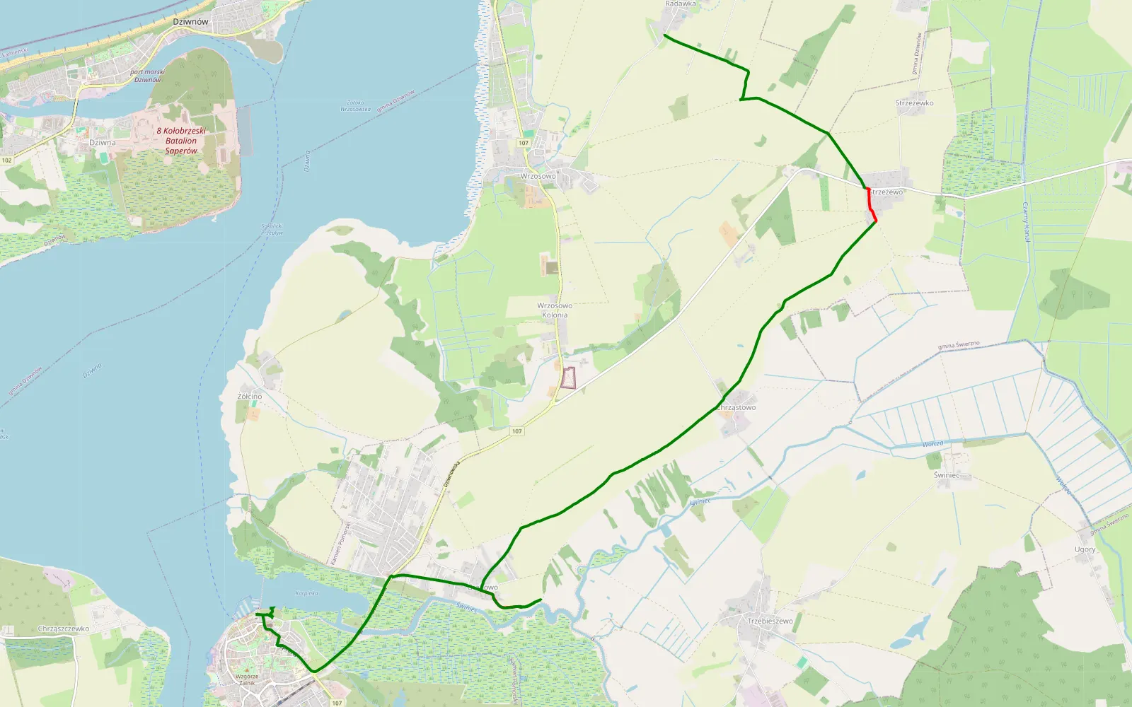 Mapa trasy Radawka - Kamień Pomorski - 9.3 km trasy offroad, Powiat Kamieński