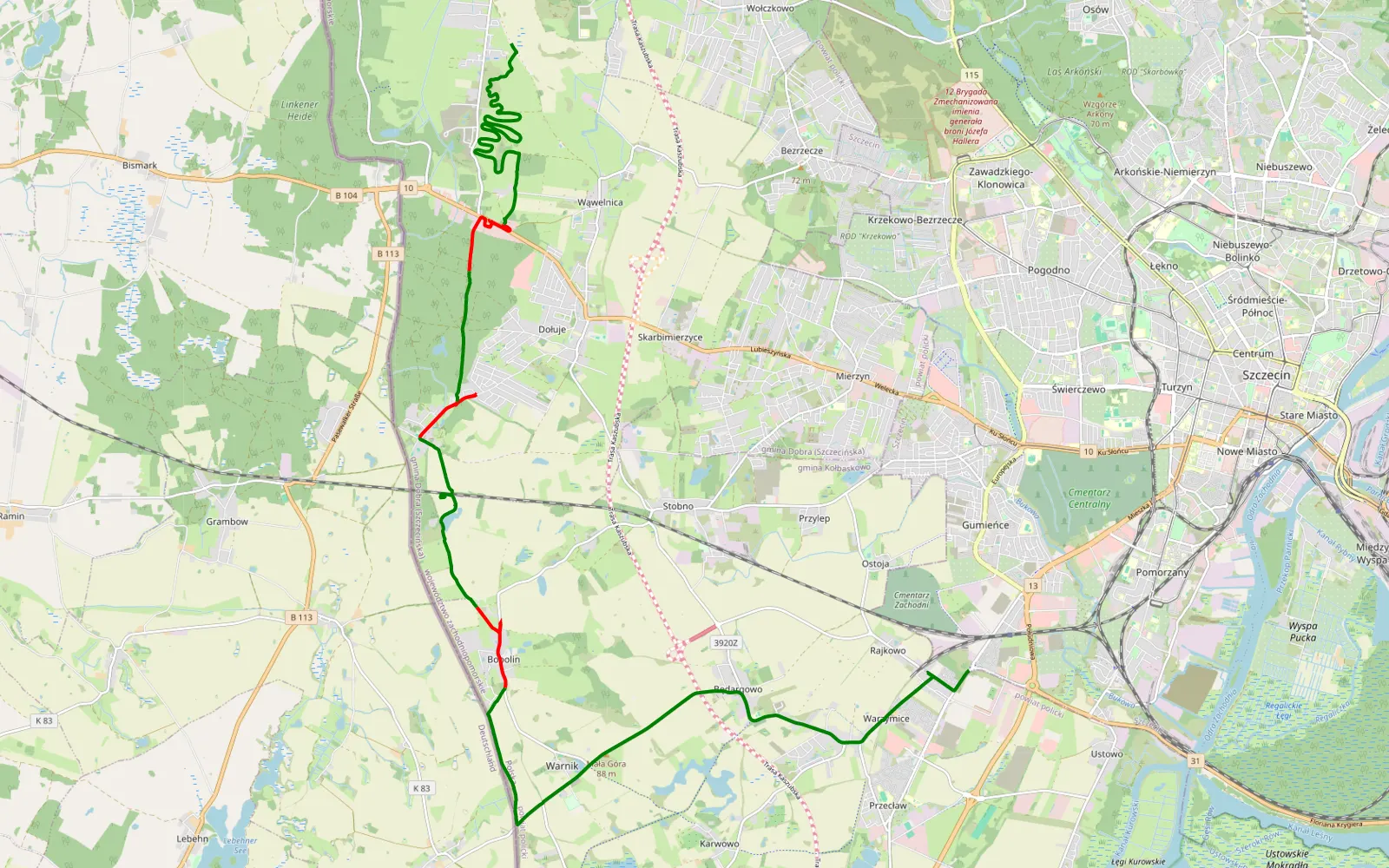 Mapa trasy Stacja Szczecin-Gumieńce - 18.7 km trasy offroad, Powiat Policki