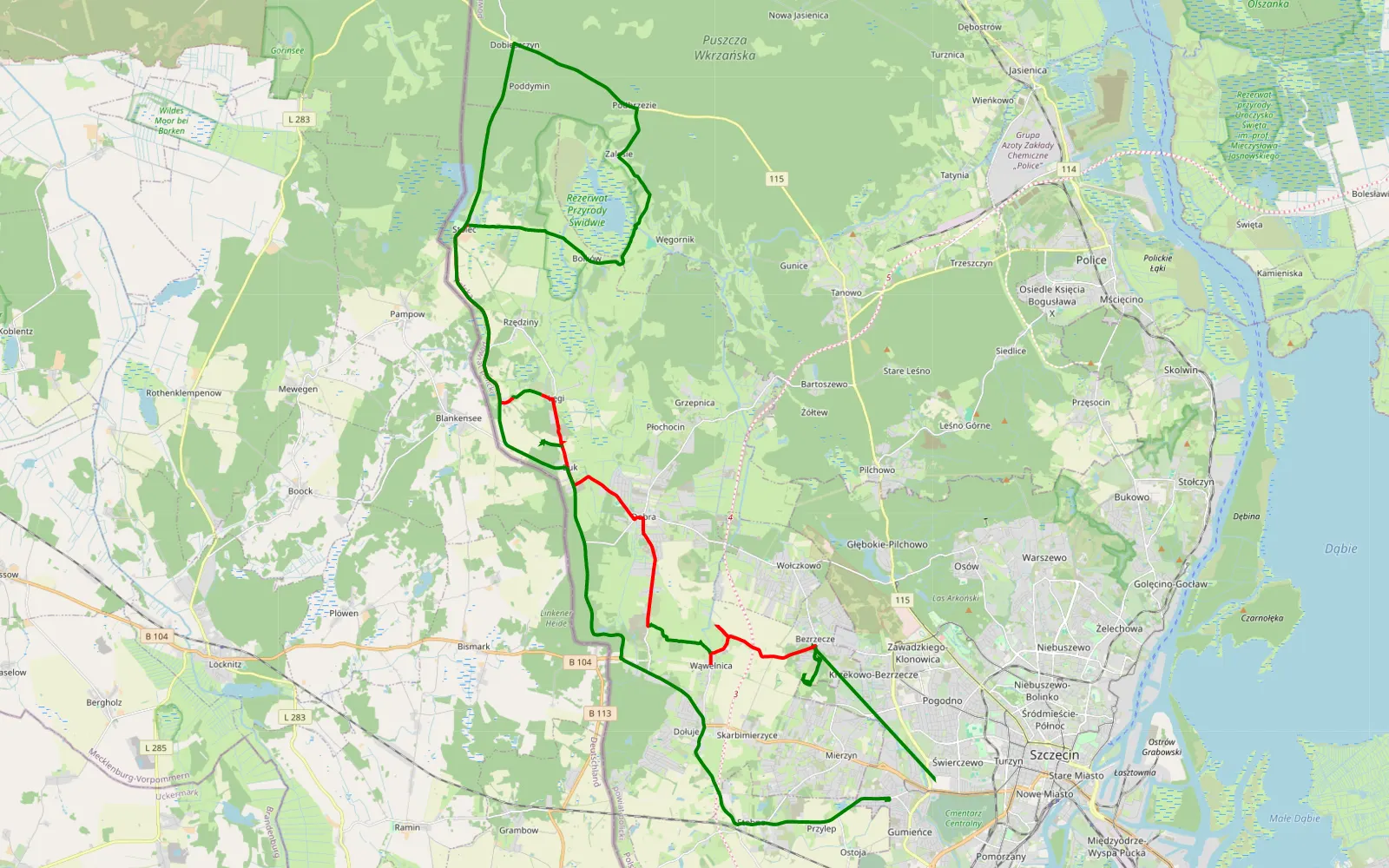 Mapa trasy Świerczewo - 34.4 km trasy offroad, Powiat Policki
