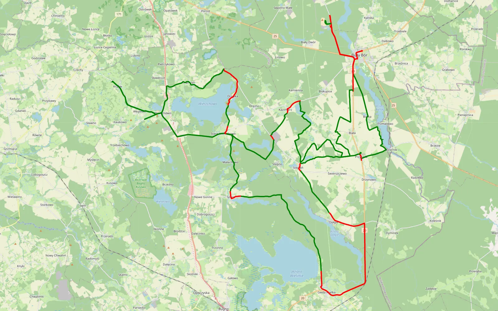 Map of Krągłe - 104.8 km offroad trail, Szczecinek County