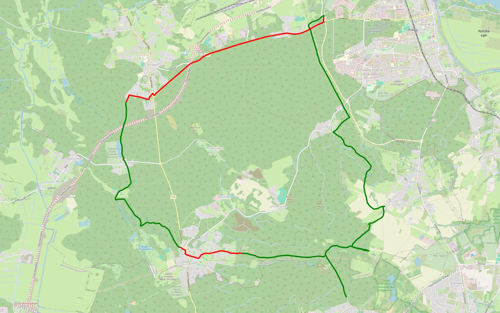 Map of Podbórzańska-Tanowo-pilichowo - 24.6 km offroad trail, Police County