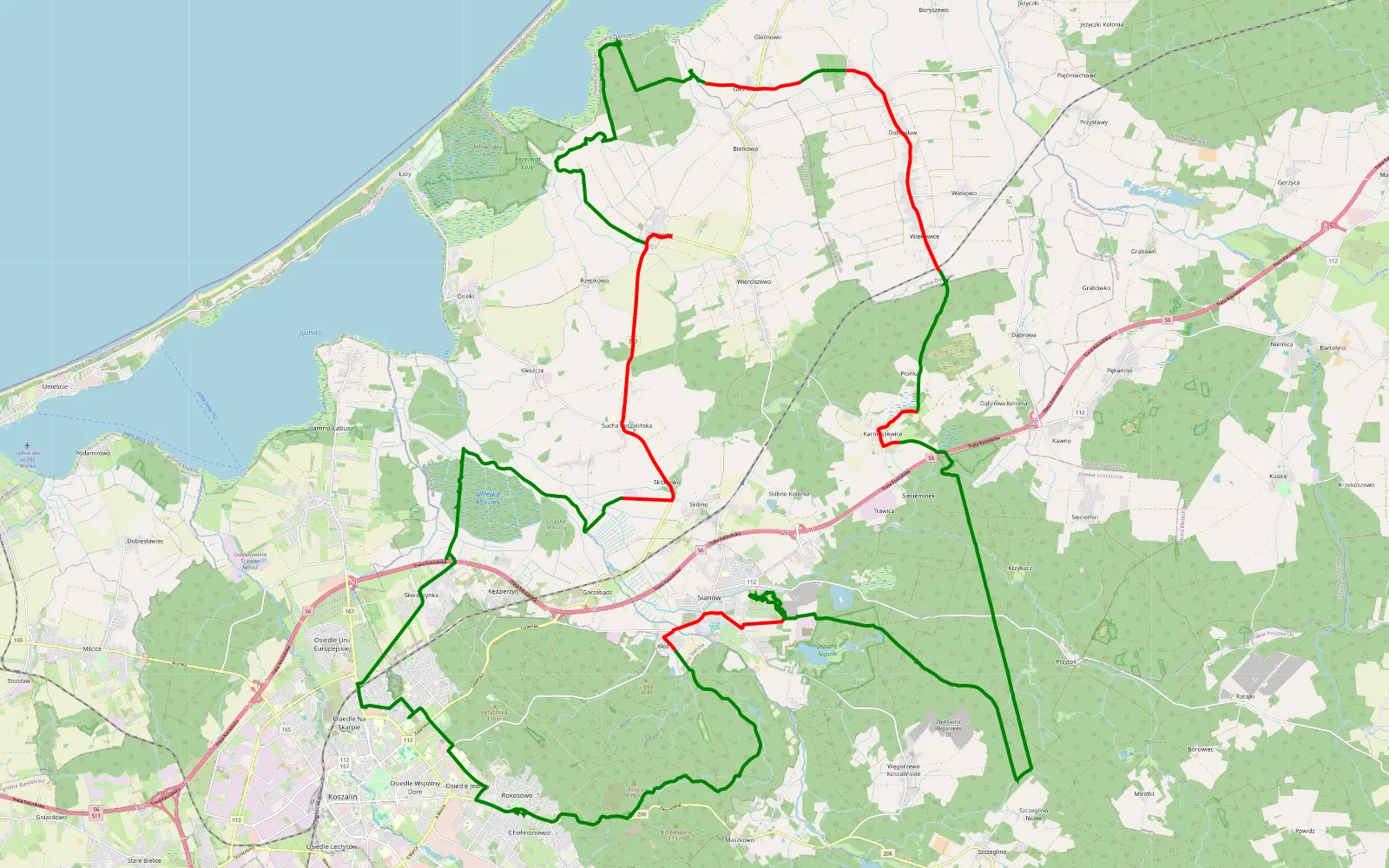 Mapa trasy Dzierżęcino - 66.5 km trasy offroad, Powiat Koszaliński