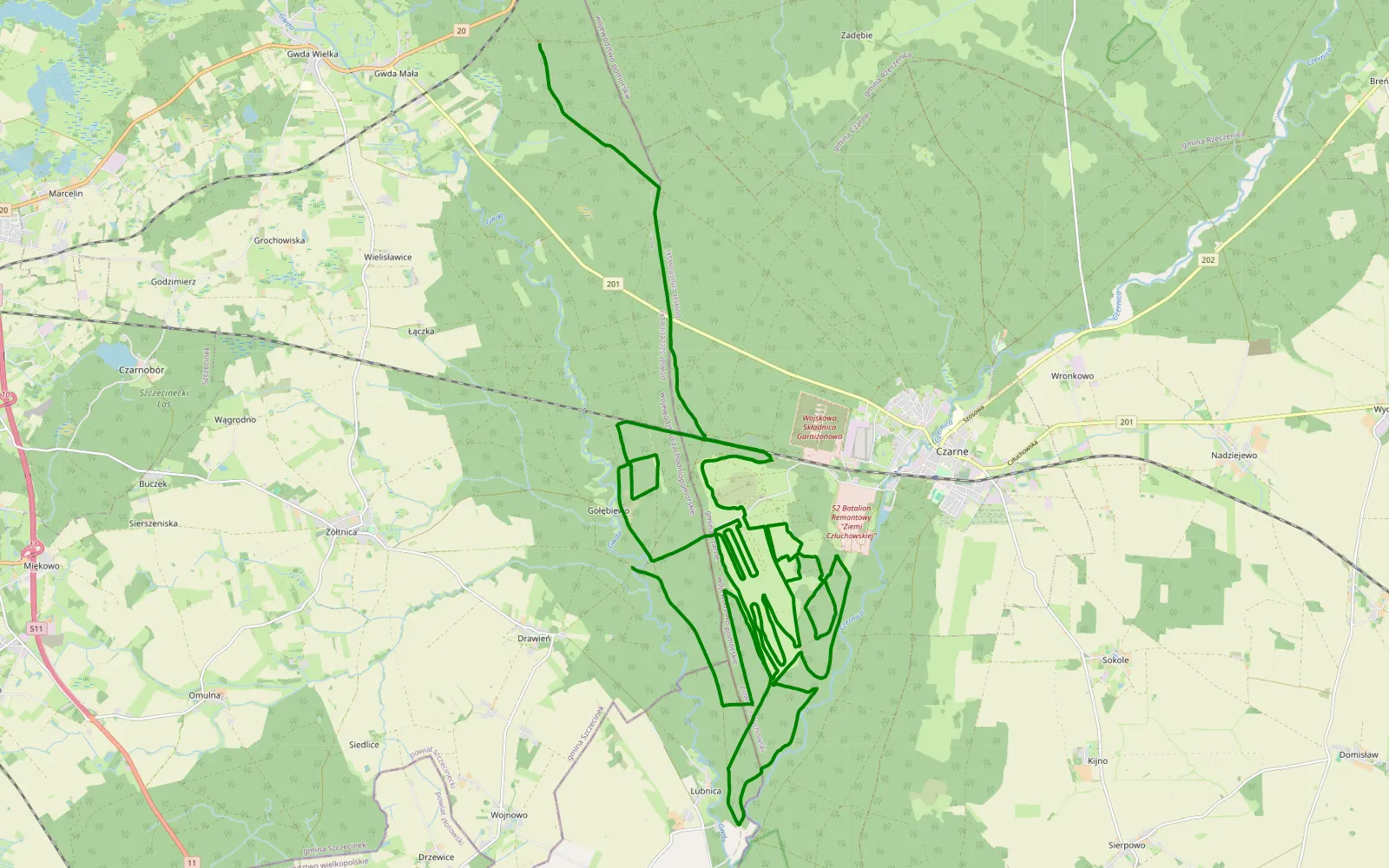 Map of Drawień - Gwda Mała - 54.1 km offroad trail, Człuchów County