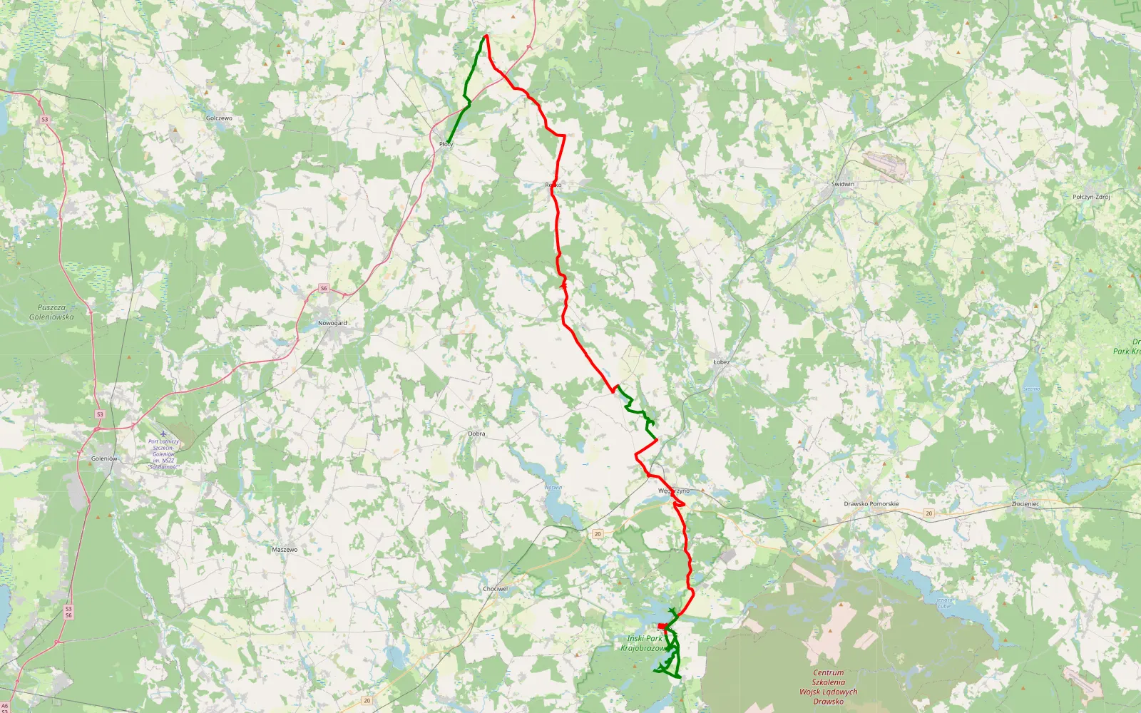 Mapa trasy Słudwia - Ińsko - 81.1 km trasy offroad, Powiat Łobeski