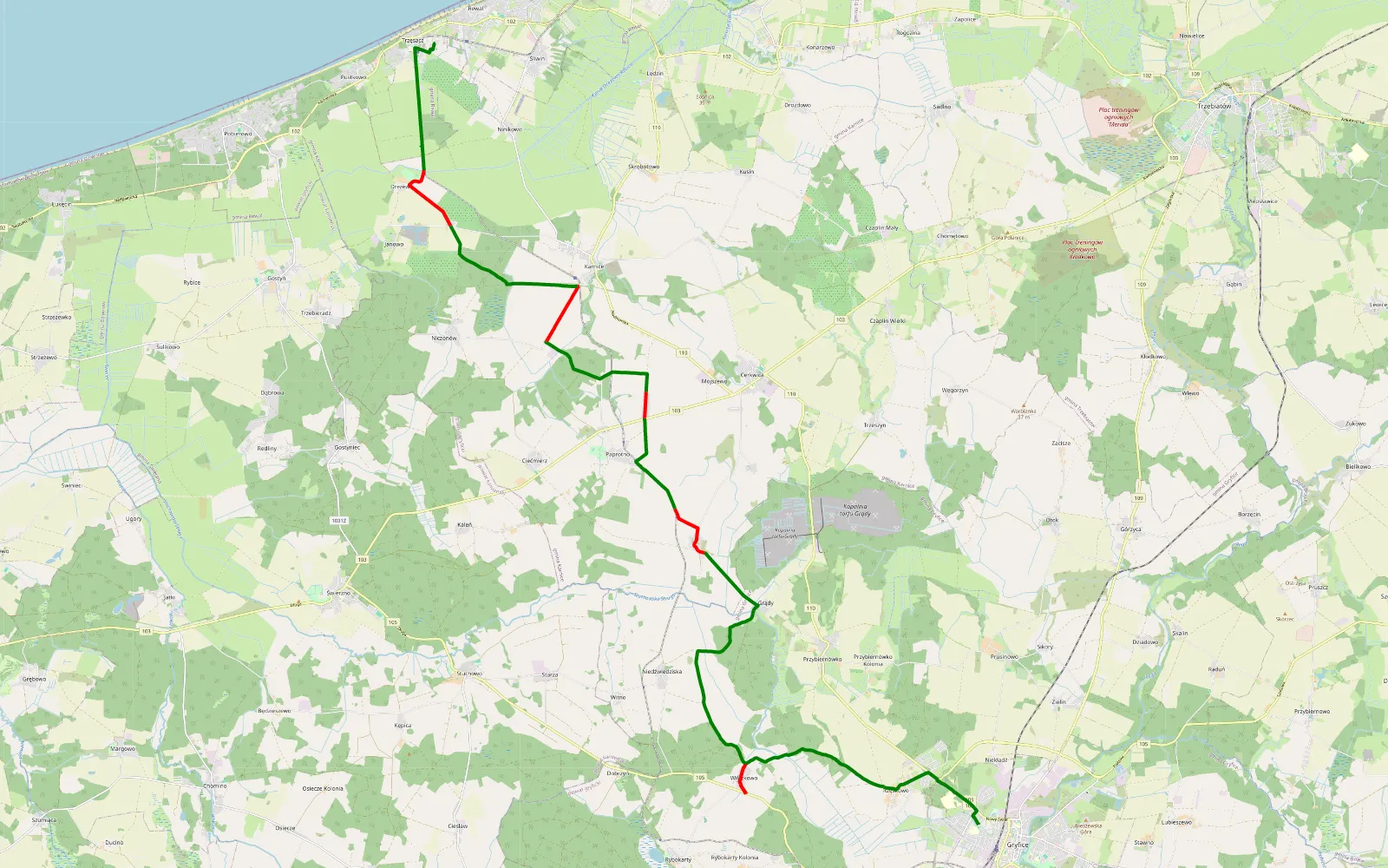 Mapa trasy Gryfice - Trzęsacz - 29.3 km trasy offroad, Powiat Gryficki