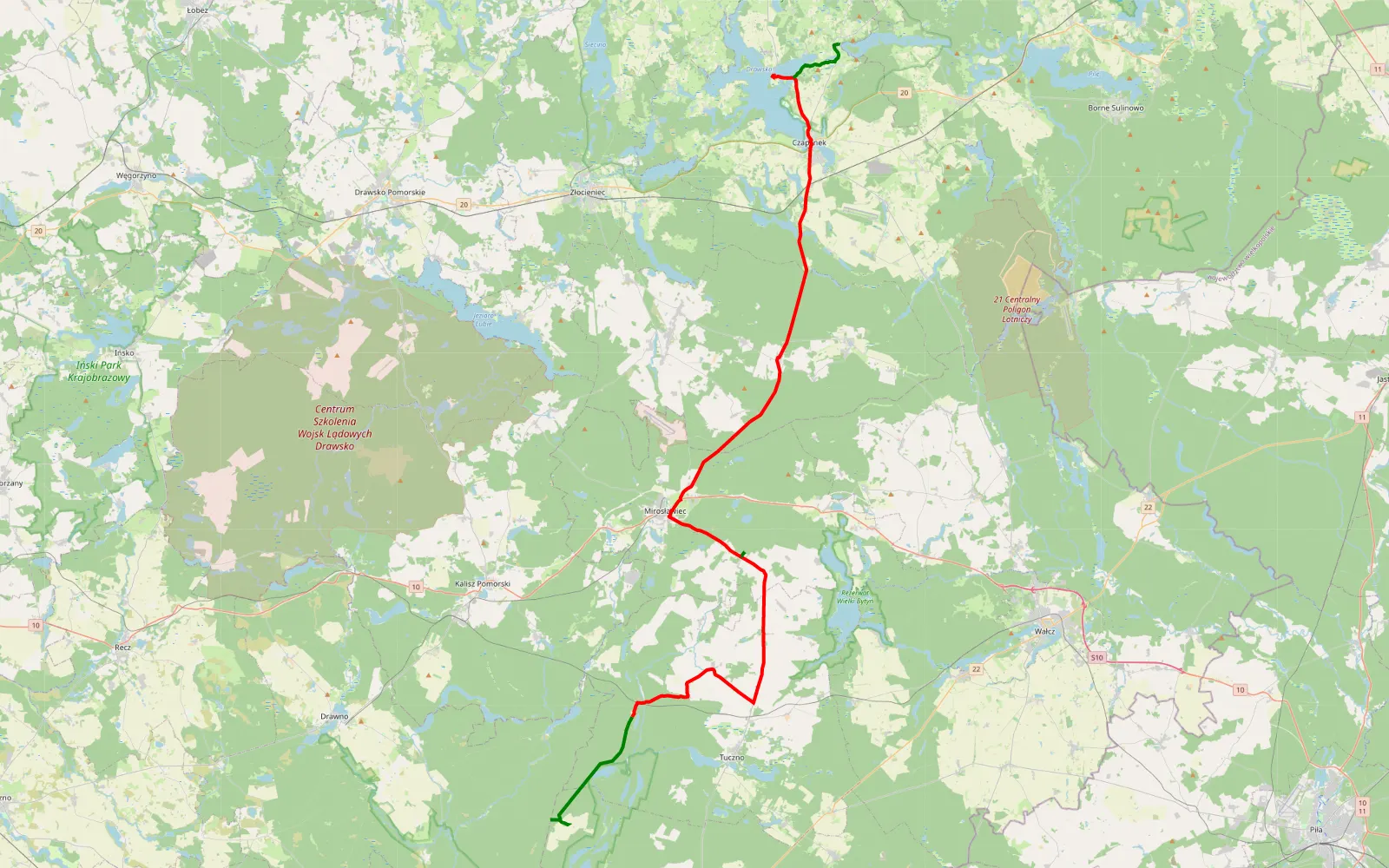 Map of Jelenie - Sikory - 77.9 km offroad trail, Wałcz County
