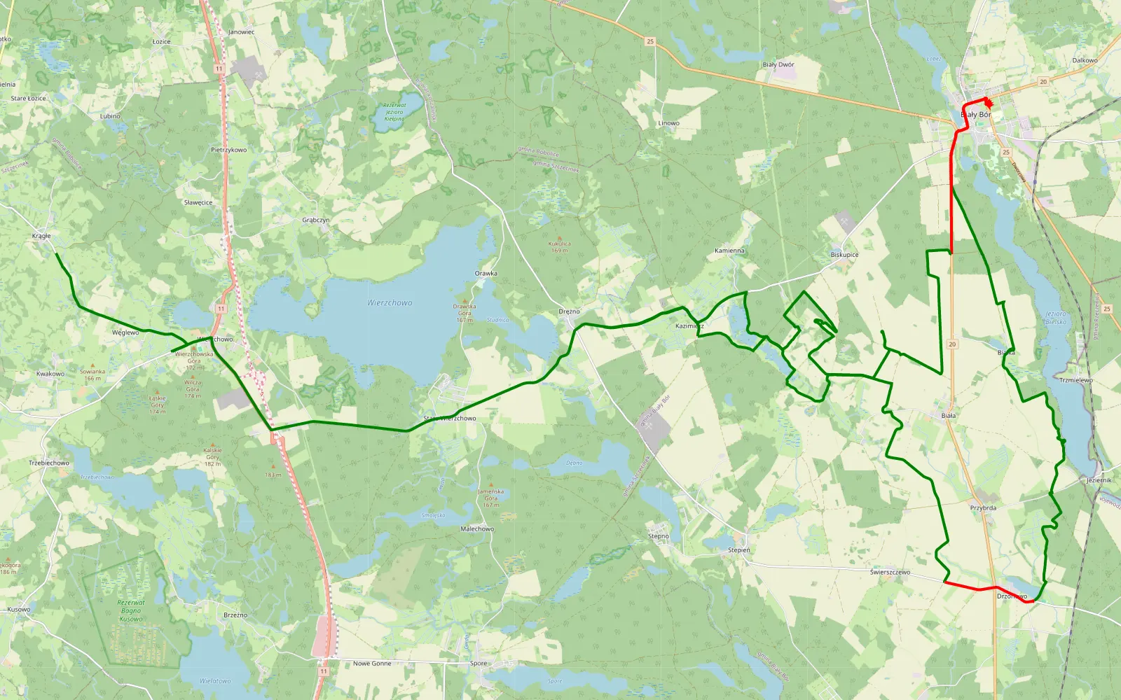Mapa trasy Dręźno - Krągłe - 42.8 km trasy offroad, Powiat Szczecinecki