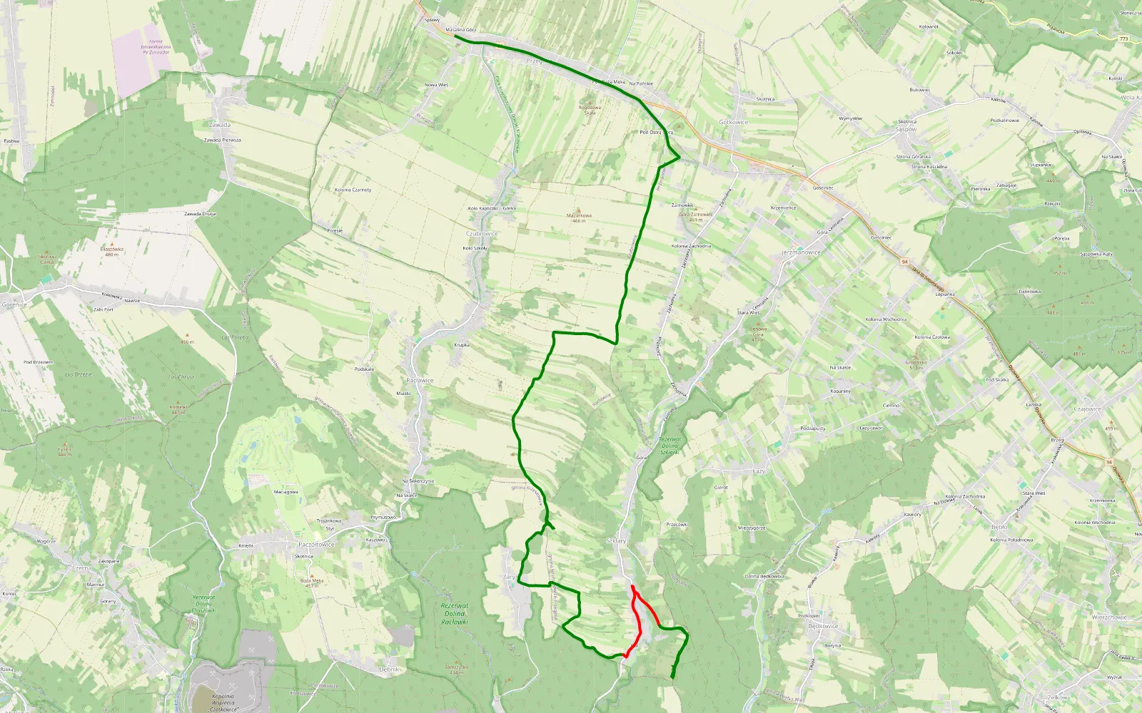 Mapa trasy Przeginia - Szklary duster - 14.1 km trasy offroad, Powiat Krakowski