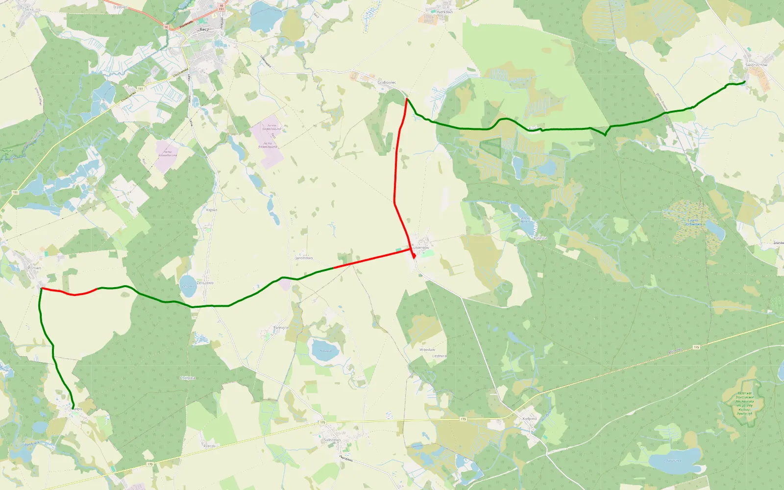 Mapa trasy Rzecko - Swięciechów - 21.4 km trasy offroad, Powiat Choszczeński