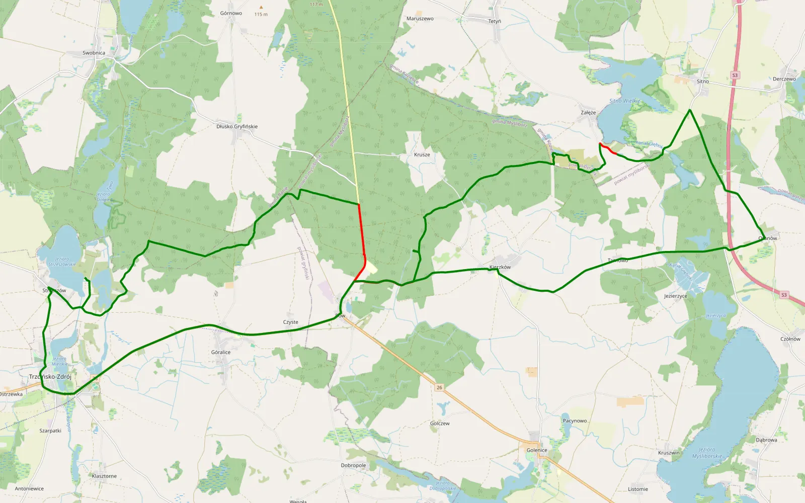 Map of Sitno-Strzeszów Plaża-Sitno - 24.3 km offroad trail, Myślibórz County