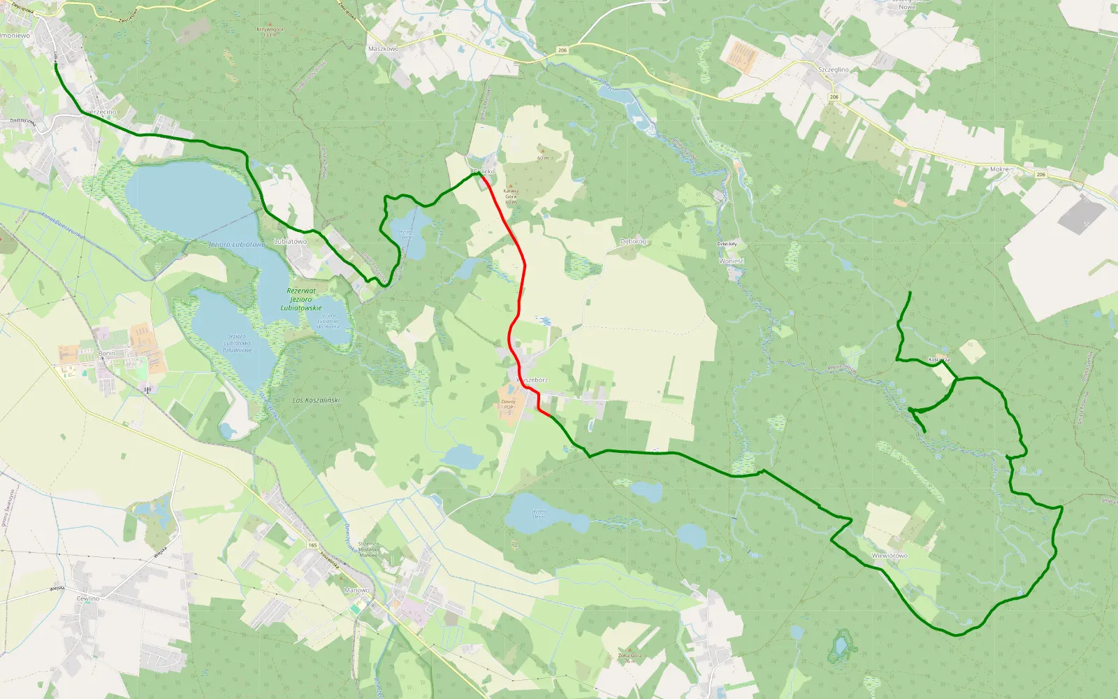 Mapa trasy Mokre - Dzierżęcino - 22.1 km trasy offroad, Powiat Koszaliński