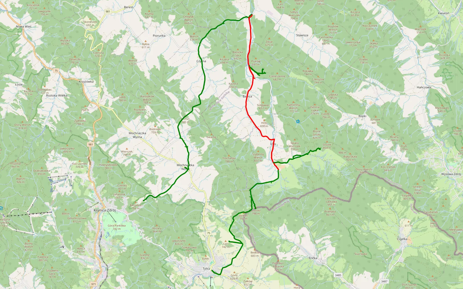 Map of Krynica-Zdrój - Tylicz - 30.2 km offroad trail, Gorlice County