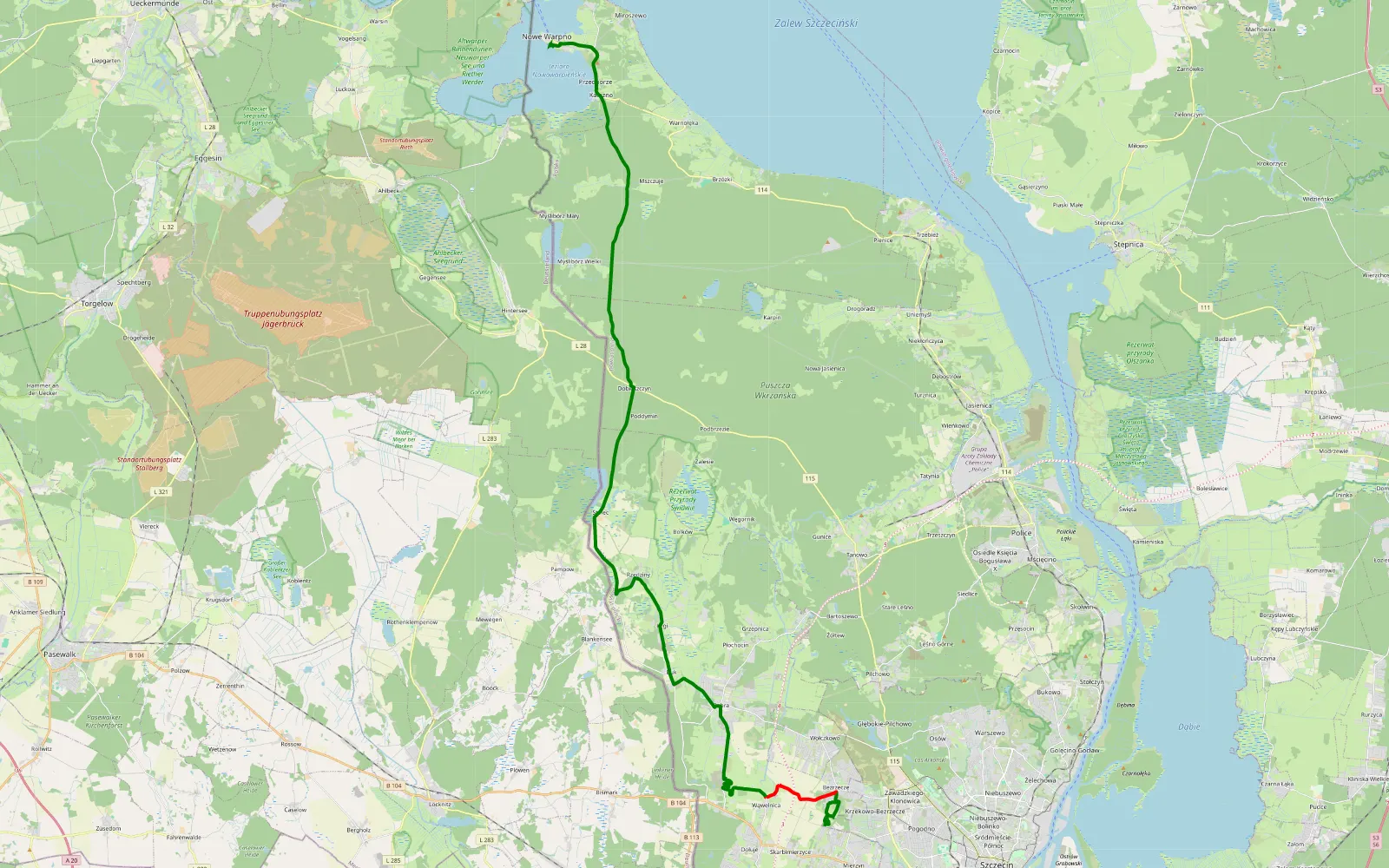 Mapa trasy Bezrzecze - Karszno - 10.4 km trasy offroad, Powiat Policki