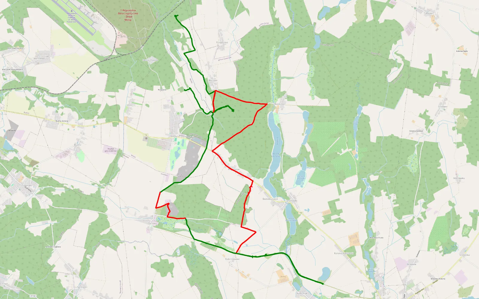 Mapa trasy Mosty - Imno - 31.7 km trasy offroad, Powiat Goleniowski