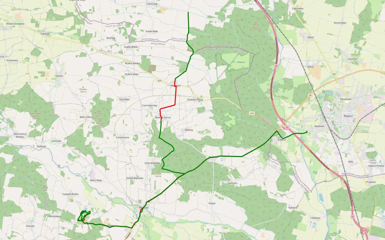 Mapa trasy Trzebosz - Masłowo - 27.7 km trasy offroad, Powiat Górowski